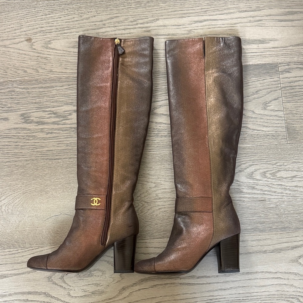 CHANEL Metallic Brown Heeled Boots